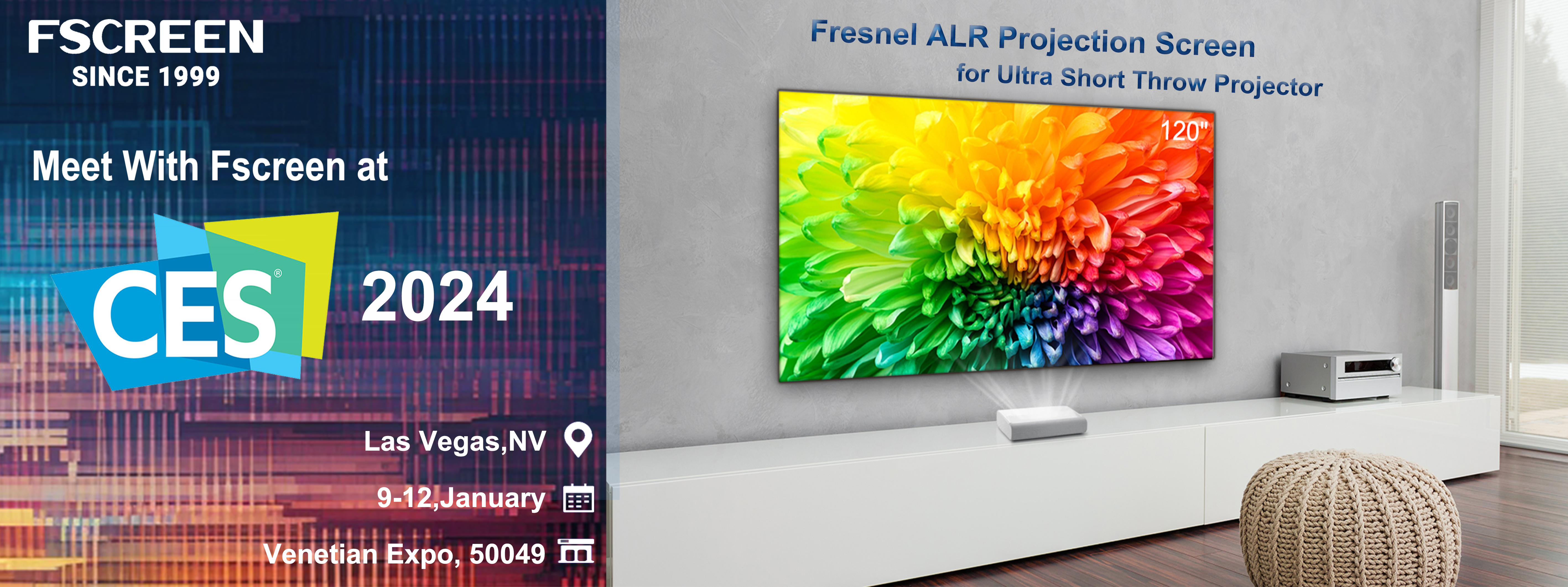 FSCREEN Take You on A Tour of CES 2024.120 Inch 8K Fresnel ALR Foldable UST Projection Screen